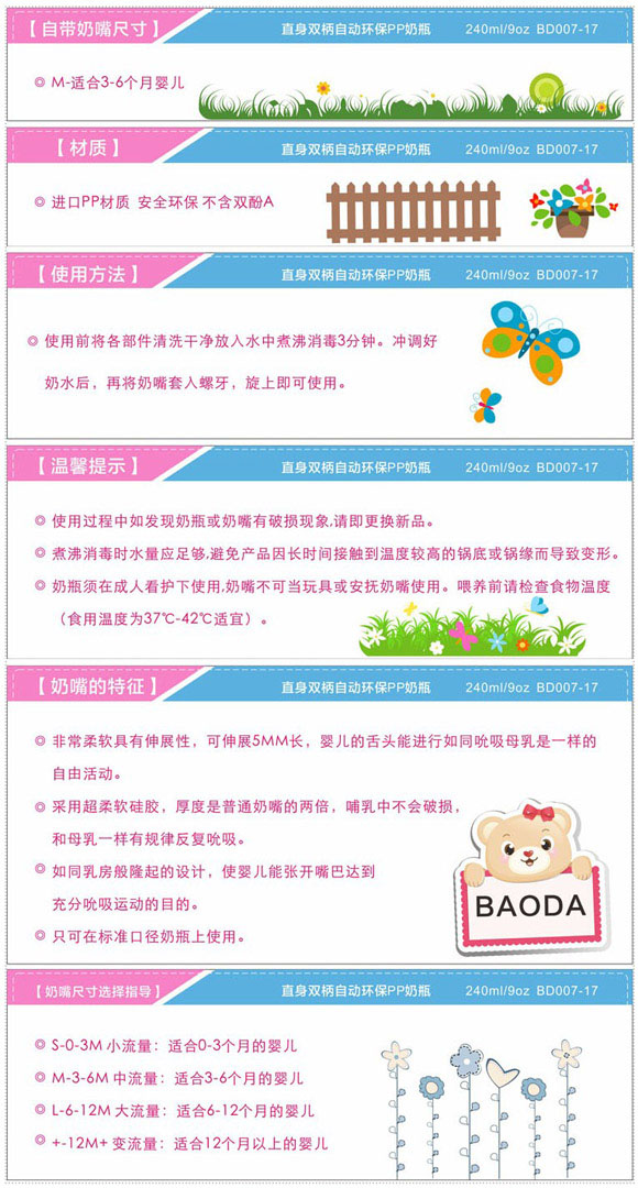 寶德直身PP奶瓶240ml藍