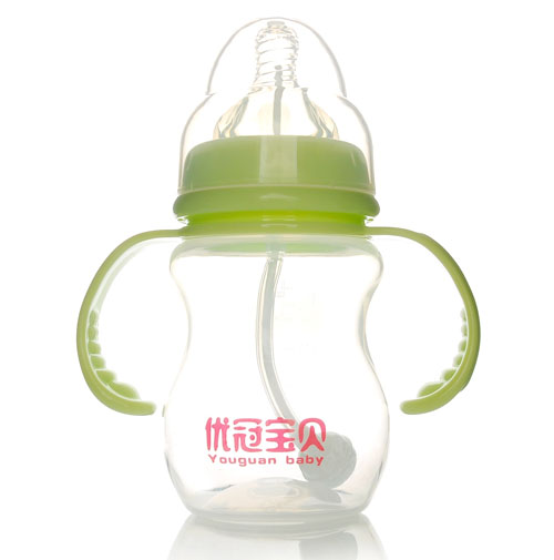 優冠寶貝寬口帶柄自動PP奶瓶210ml綠色