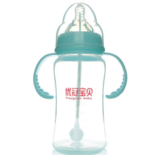 優冠寶貝寬口帶柄自動PP奶瓶300ml藍色