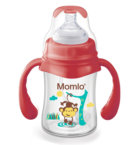 苗苗樂帶手柄玻璃奶瓶紅色