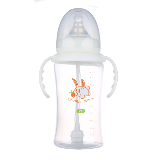丘比兔PP寬口徑葫蘆型自動把手奶瓶300ML白色