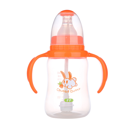丘比兔PP標準口徑葫蘆型自動把手奶瓶140ML橙色