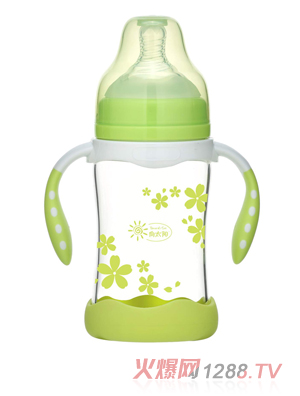 向太陽防摔玻璃奶瓶雙手柄花瓣圖案綠色